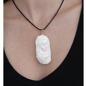 Vintage Carved Buffalo Bone Woman & Dolphin Pendant Necklace